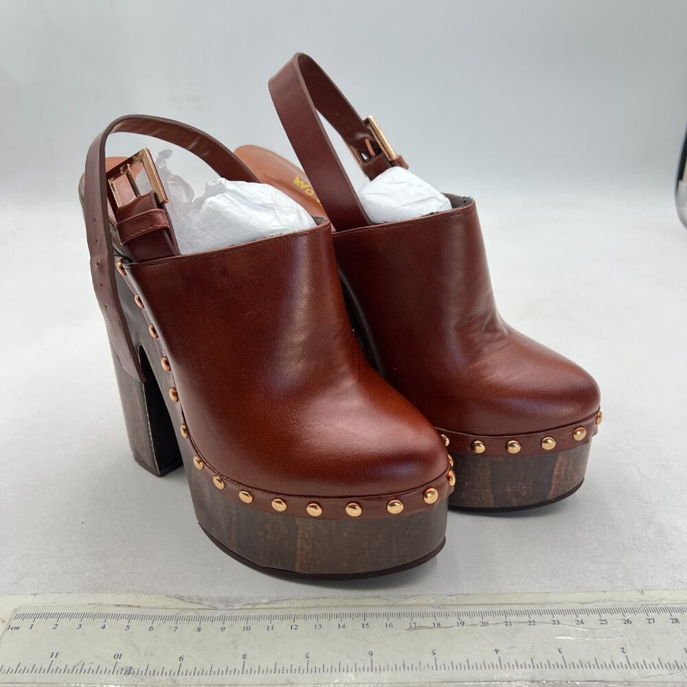 Brown Leather Studded Block Heel Slingback Clog - Picture 4 of 8